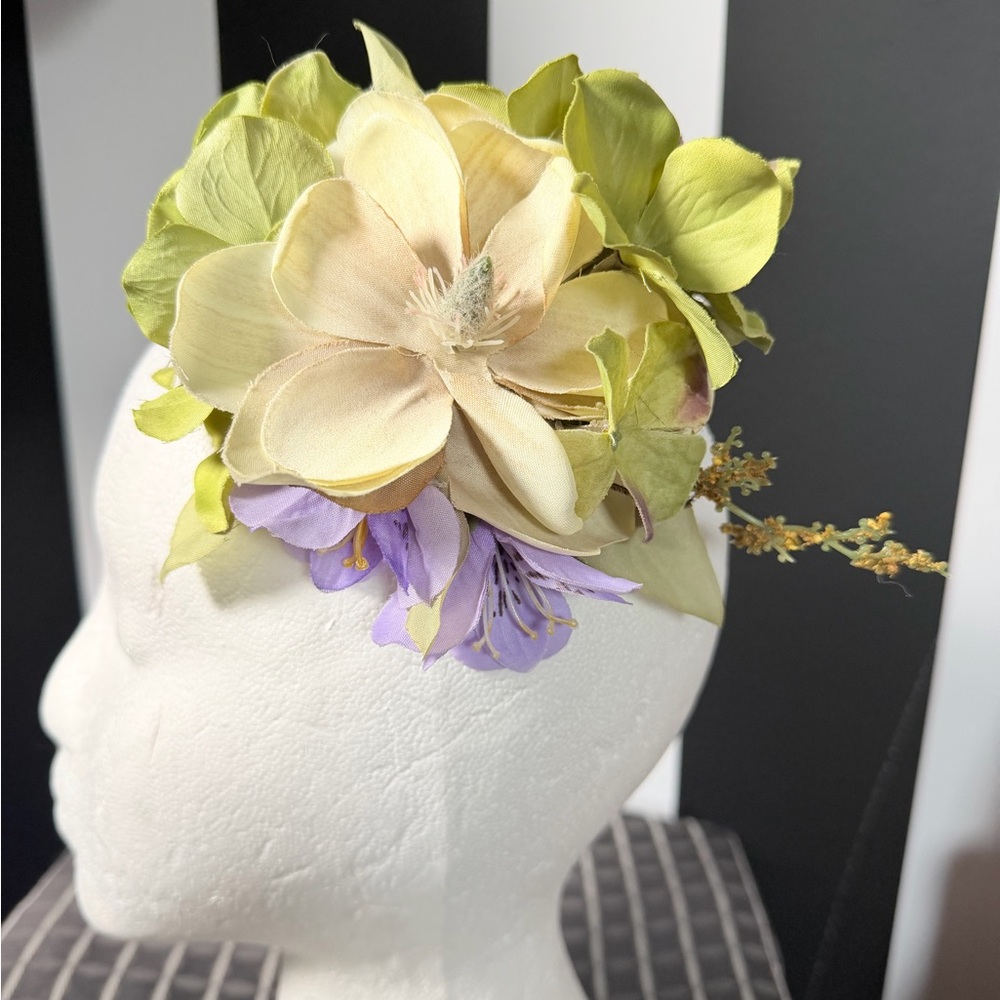 Handcrafted Pinup Style Green, Lavender & Beige Floral Headpiece Hair Clip